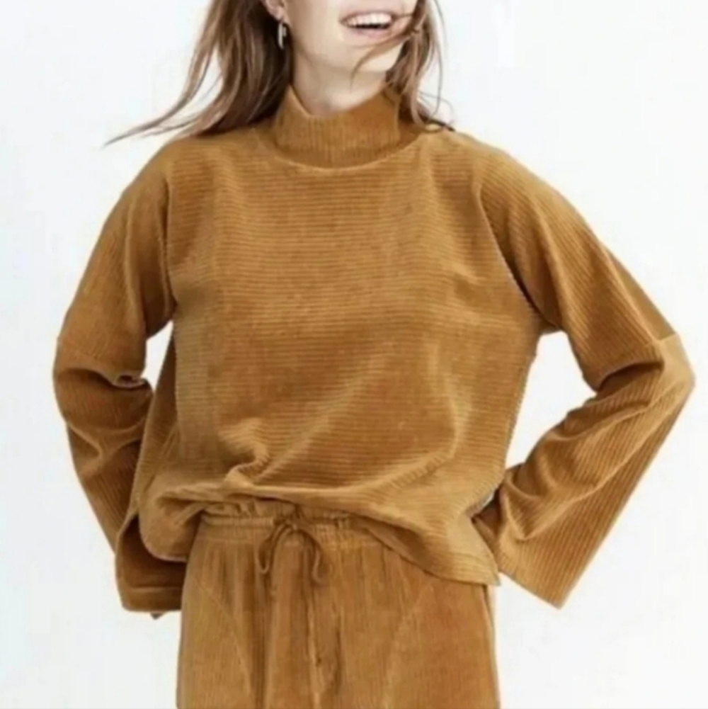 Madewell Texture & Thread Velour Corduroy Mockneck Top in mustard Color Medium - Picture 10 of 10